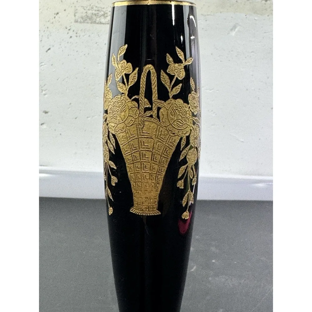 Central Glass Works‎ Bud Vase Black Glass Gold Basket Etch 10 inch